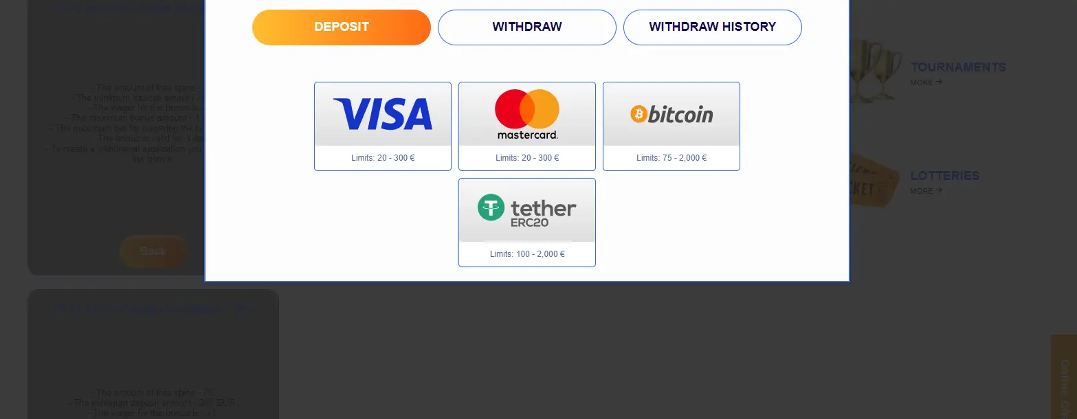 Sweety Win deposit.